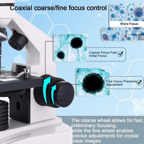 Kids And Adults Microscope With 40X To 2500X Magnification, A Versatile Compound Microscope For Students, school lab and home schooling, showing coarse and fine focus controls