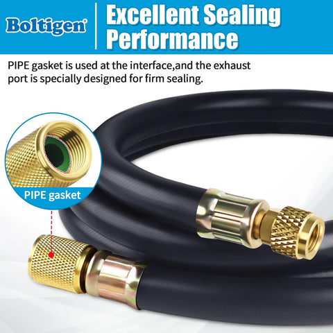 Boltigen 1/2 in ID vacuum refrigerant hose, black with brass 3/8–1/4 flare fittings, 6 ft long.