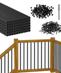 60 Pack 32 Inch Square Aluminum Deck Balusters Built Like A Tank with black metal spindles and rail hardware.