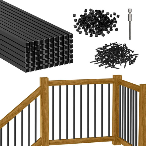 60 Pack 32 Inch Square Aluminum Deck Balusters Built Like A Tank with black metal spindles and rail hardware.
