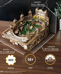 Harry Potter Quidditch Pinball Machine 3D Wooden Puzzle Kit For Adults To Build displayed on a wooden table with parts and dimensions