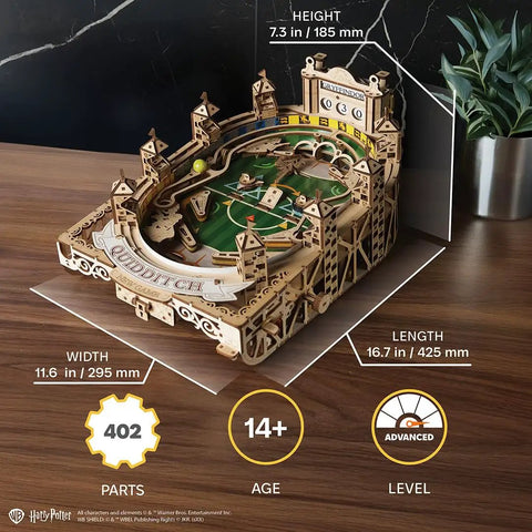 Harry Potter Quidditch Pinball Machine 3D Wooden Puzzle Kit For Adults To Build displayed on a wooden table with parts and dimensions