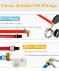 Comparison of PEX A and PEX B fittings with red and blue tubing, showing tools and connectors for Half Inch PEX Expansion Ball Valve Kit 10 Pack Brass