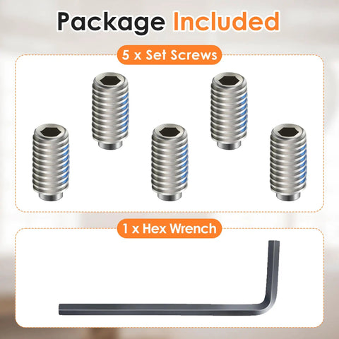 Heavy Duty Set Screw Kit For Quick Faucet Handle Fixes Top Shelf Moen 155023 Replacement Parts includes 5 stainless screws and hex wrench.