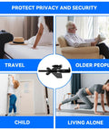 Portable Door Lock For Travel And Home Security, Beefed Up Privacy And Tool Free Install, Extra Privacy And Door Jam Stopper. Images show usage scenarios: travel, older people, child safety, and living alone.