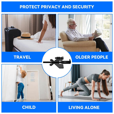 Portable Door Lock For Travel And Home Security, Beefed Up Privacy And Tool Free Install, Extra Privacy And Door Jam Stopper. Images show usage scenarios: travel, older people, child safety, and living alone.