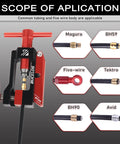 Smooth Operator 2 In 1 Hydraulic Disc Brake Needle Driver Insertion Tool With Heavy Duty Aluminum Tubing Cutter showing application with various brake hoses.