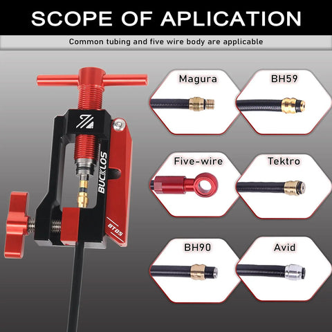 Smooth Operator 2 In 1 Hydraulic Disc Brake Needle Driver Insertion Tool With Heavy Duty Aluminum Tubing Cutter showing application with various brake hoses.
