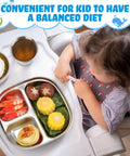 Heavy Hitter 15 Piece Stainless Steel Kids Dinnerware Set With Three Compartment Plates And Spill Proof Cups Bowls Plus Fork Spoon Combo For Toddlers Seeking Zero Stress Mealtimes And Sick Durability featuring a toddler eating from a compartment plate.
