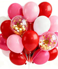 66 Piece 12 Inch Hot Pink And Red Balloons Set With White And Gold Confetti For Valentines Day Engagement Wedding Bachelorette Birthday Party Decor Durable Matte Latex shown clustered.