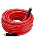 Built Tough 50 Feet Heavy Duty Rubber Air Hose For Compressors 3/8 Inch Thick coiled with solid brass ends, kink resistant.