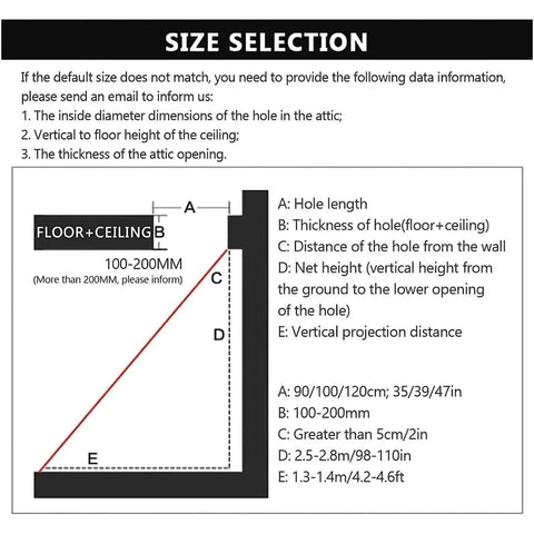 Size selection guide for Heavy Duty Electric Pull Down Loft Ladder with measurements for installation requirements.