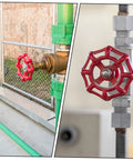 10 Pack Cast Iron Shutoff Hand Wheel Handles for Water Lines on industrial pipes, showing red color and rugged design