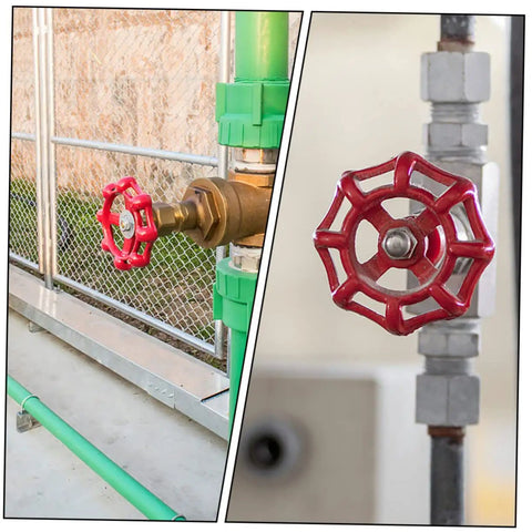 10 Pack Cast Iron Shutoff Hand Wheel Handles for Water Lines on industrial pipes, showing red color and rugged design