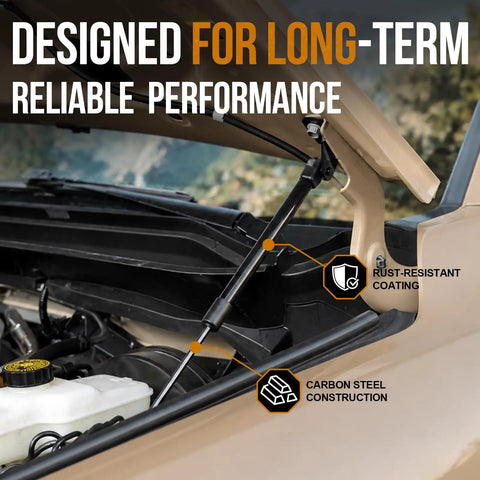 Heavy Duty Gas Hood Struts For Slick One Hand Lift Replacing Factory Prop Rod Rapid Under Hood Access For Toyota Tacoma 2024 To 2026 And 4Runner Models Badass Build No Sweat showing rust-resistant coating and carbon steel.