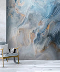 Living room with Peel And Stick Blue Marble Wallpaper Roll With Grey And Gold Inclusions, Self Adhesive Wall Mural 144 Inches Wide By 100 Inches High.