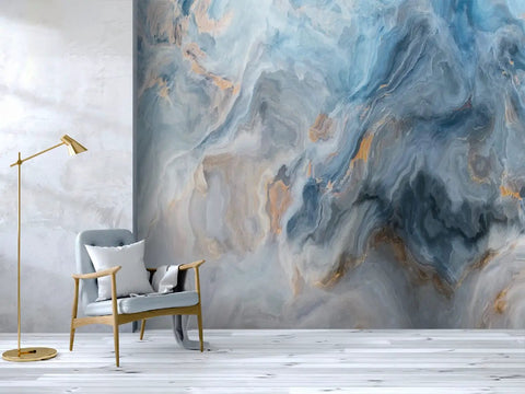 Living room with Peel And Stick Blue Marble Wallpaper Roll With Grey And Gold Inclusions, Self Adhesive Wall Mural 144 Inches Wide By 100 Inches High.