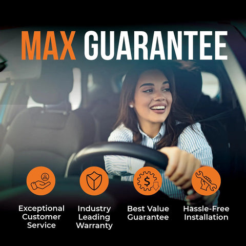 Smiling driver with 'MAX GUARANTEE' text, highlighting customer service, warranty, value, and installation benefits.