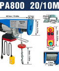 1760 Lb Heavy Duty Electric Hoist With Remote And Wired Control 2 In 1 Lift 110V showing dimensions and components