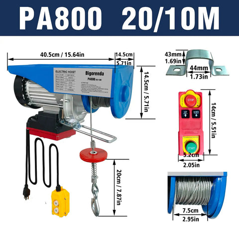 1760 Lb Heavy Duty Electric Hoist With Remote And Wired Control 2 In 1 Lift 110V showing dimensions and components