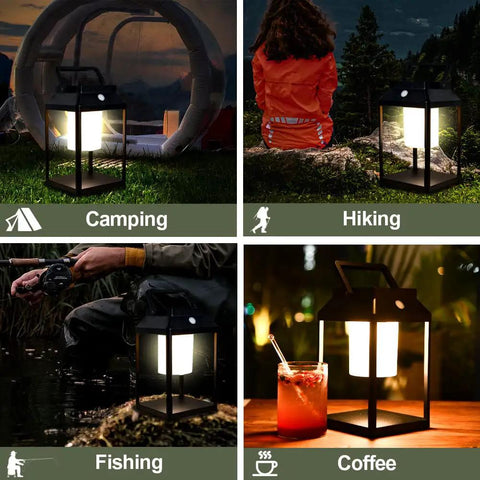 Solar Outdoor Lantern Led Portable Table Lamp With USB And Solar Charging 35W 3000K Warm Glow IP44 Waterproof shown camping