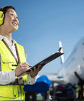 Person wearing VeriShield Hi Viz Yellow Over The Head Earmuff With Memory Foam Cushions NRR 30 near an airplane on the tarmac.