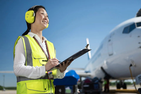 Person wearing VeriShield Hi Viz Yellow Over The Head Earmuff With Memory Foam Cushions NRR 30 near an airplane on the tarmac.