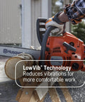 Person using Lightweight Gas Chainsaw With 38cc X-Torq Engine, 16 Inch Bar, Automatic Oiler, 3/8 Pitch,.050 Gauge for cutting wood