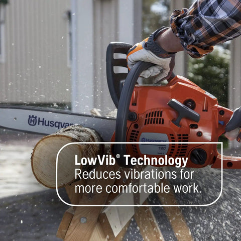 Person using Lightweight Gas Chainsaw With 38cc X-Torq Engine, 16 Inch Bar, Automatic Oiler, 3/8 Pitch,.050 Gauge for cutting wood