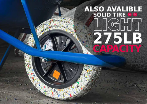 Close-up of a Beefy 14 Inch Wheelbarrow Tire With Flat Free Design Made From Recycled Rubber Delivers 440 Pounds Capacity And Universal Axle Fit For Common Hub Sizes Includes 2 Spacers For Garden Wagons And Utility Carts on blue wheelbarrow.