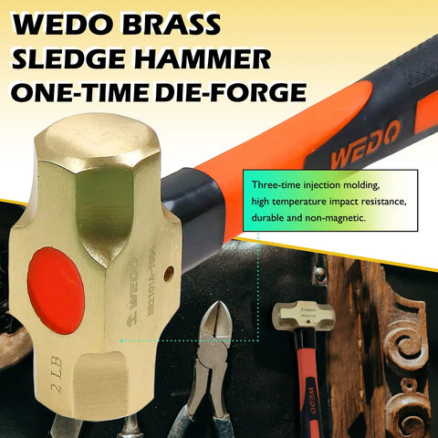 Brass Sledge Hammer With Fiberglass Handle Non Magnetic Die Forge Corrosion Resistant DIN Standard 4Lb 400mm 16 Inch Heavy Duty Tool For Demolition And Metalworking, close-up of the brass head with orange handle showing brand marking and details.