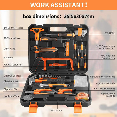 All In One 104 Piece Home Repair Tool Kit With Blow Case Ratchet Handle And Essential Hand Tools For Home Office And DIY Projects Portable Compact Organized Set in open case