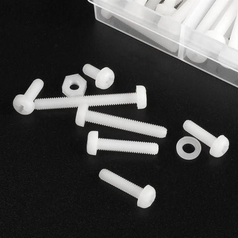 White Nylon Round Head Screw And Nut Bolt Assortment Kit Featuring Top Shelf Corrosion Resistant Fasteners laid out on a black surface.