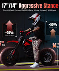Rider on Electric Dirt Bike With Mid Drive 5500 Peak Power, 50 Mph Ebike showing 17 and 14 inch tires, hydraulic brakes.
