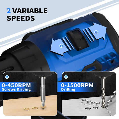 12V Cordless Drill Set With Brushless Motor 350 In Lb Torque And 1500 RPM showing variable speed controls