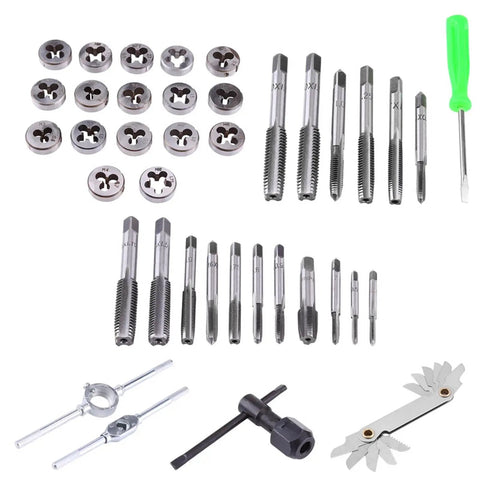 Hardened Alloy Steel Tap And Die Set With Variable Hand Tools For Heavy Duty Screw Threading Operations That Cut Tapered Threads And Craft Precise Nuts in metal taps, dies, and wrench handles