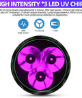 Close-up of 3-LED UV chips emitting purple light on Blacklight UV Flashlight 395nm 3 LED Ultraviolet Black Light Rechargeable 30W Powerful Portable