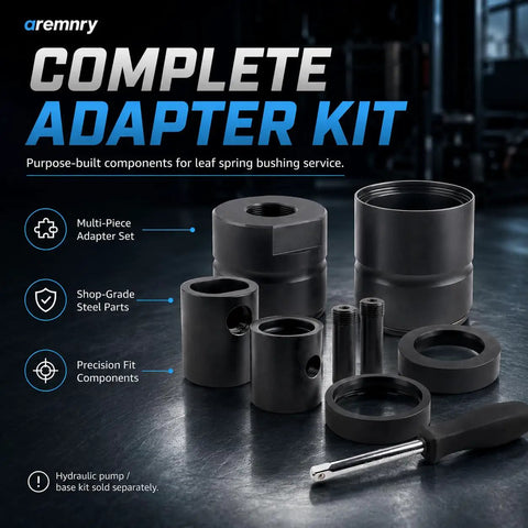 Leaf Spring Pin Bushing Removal Adapter Press Tool For Semi Truck On Vehicle Service Heavy Duty Extraction And Installation Directly On The Chassis No Hammer Or Torch Needed By Mechanics complete adapter kit with steel parts