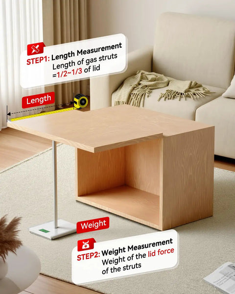 Measurement guide for installing Heavy Duty Gas Struts 30 Lb Force Lift Supports on cabinetry with measurements shown.