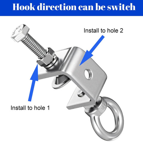 Close-up of a Six Pack Stainless Steel C Clamp with 4.72 Inch Beam Depth and M8 Screw Ring, showing installation holes.