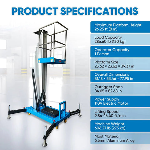 Slick Electric Hydraulic Single Mast Lift with platform at 26.25 ft max height, specs visible including load capacity of 286 lbs.