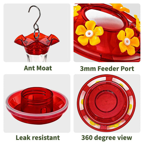 Outdoor Hanging Hummingbird Feeder 18 Ounce With 6 Feeding Ports Bee Guard And Built In Ant Moat Easy To Clean Durable Garden Decor 360 Degree View Clear Reservoir For Backyard Bird Watching
