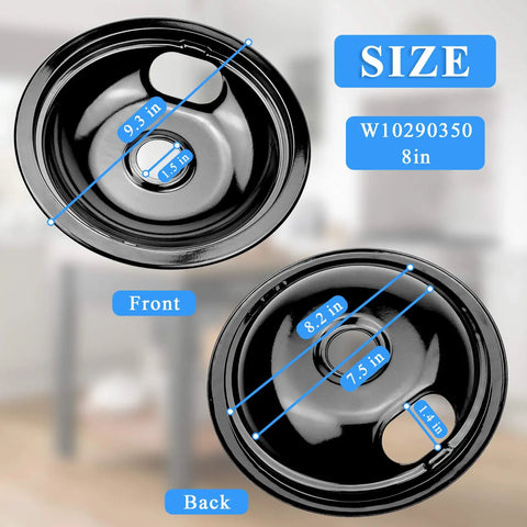 Stovetop Drip Pans Kit Replacement For Electric Ranges Includes One Large Eight Inch Pan And Three Small Six Inch Pans W10290353 W10290350 Direct Fit For A Wide Range Of Major Brands And A No Brainer Install By Appliancemates showing 8 in pan with dimensions.