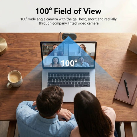 Smooth Operator 4K Uhd Webcam With Noise Canceling Mic And Slide Privacy Cover, 100 Degree Wide Angle USB Plug And Play Desktop Camera capturing a meeting.