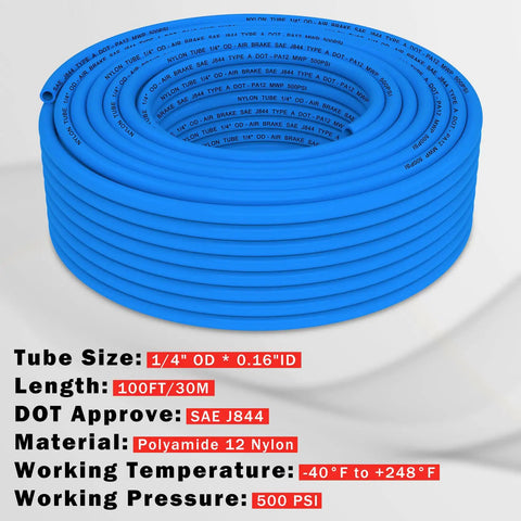 Blue One Quarter Inch Outer Diameter PA12 Nylon DOT Air Line Pneumatic Tubing 100 Feet Long Heavy Duty High Pressure Air Hose