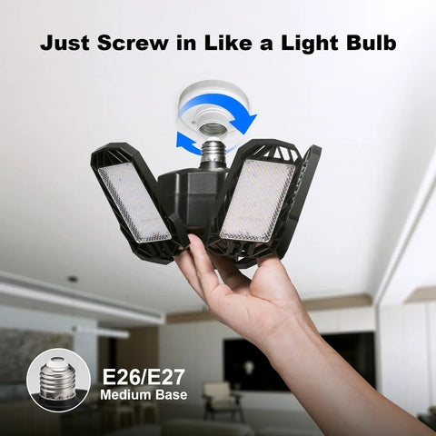 Ridiculously Bright LED Garage Light 400 Watt Equivalent 6500K with E26/E27 base being installed in indoor ceiling socket