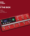 Next Gen Floor-Based Loop Station For Musicians With 6 Real-Time Loops displayed with accessories on maroon background