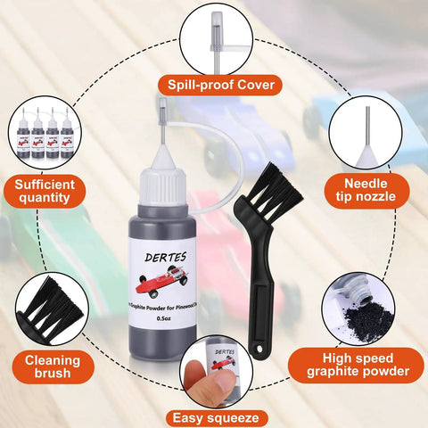4 Pack Graphite Powder For Pinewood Derby Cars, 0.5oz Each With Needle Tip And Cleaning Brushes, shown with components