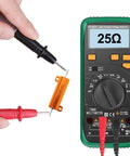 Measuring 25 Ohm resistance with a multimeter and 25 Ohm wirewound resistor from the Two Pack 50 Watt 25 Ohm Wirewound Resistors For Smart Doorbell Voltage Drop Hack Compatible With Ring Nest Hello Skybell Aluminum Chassis Mount Easy Plug And Play Hardware.