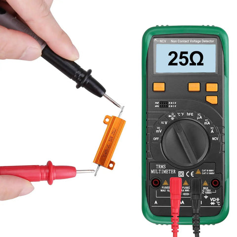 Measuring 25 Ohm resistance with a multimeter and 25 Ohm wirewound resistor from the Two Pack 50 Watt 25 Ohm Wirewound Resistors For Smart Doorbell Voltage Drop Hack Compatible With Ring Nest Hello Skybell Aluminum Chassis Mount Easy Plug And Play Hardware.